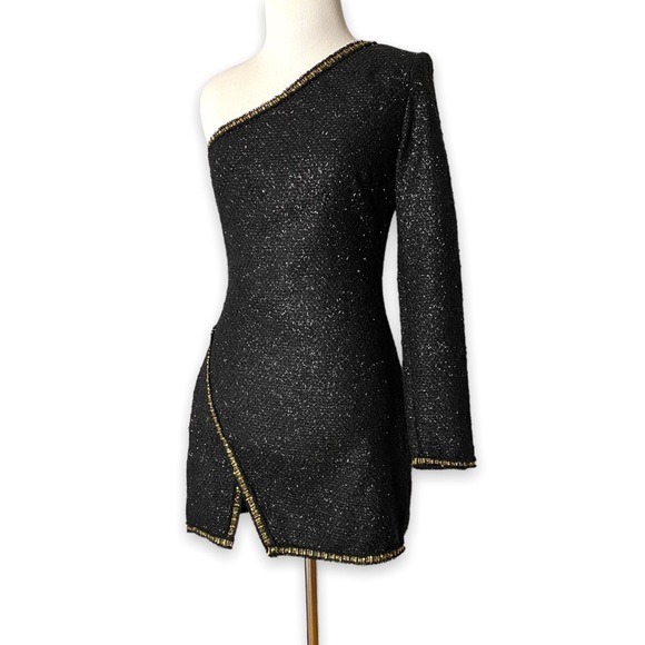 ZARA Black Gold One Shoulder Dress Blogger Favorite Size Small - Picture 3 of 10